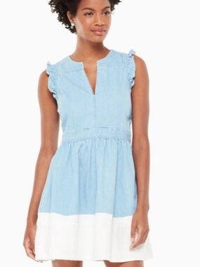 kate spade Light Blue and White Sleeveless Ruffle-Trim Dress